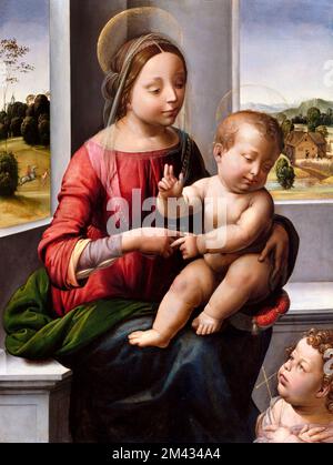 Madonna and Child with the Young Saint Johannes the Baptist von Fra Bartolomeo (1472-1517), Öl und Gold auf Holz, c. 1497 Stockfoto