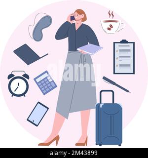 Geschäftsfrau und persönliche Dinge im Büro. Fröhliche, flache Managerin redet über Smartphone, Arbeitsreise. Cartoon-Vektorfigur, Tasse Kaffee Aufgabenliste Stock Vektor