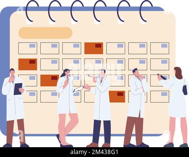 Ärzte planen Terminkalender auf einem riesigen Monatsplaner. Arztliche Teamarbeit. Krankenhaus- oder Klinikmonatsplan mit Cartoon-Flachvektor Stock Vektor