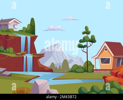 Landschaftskulisse im Freien mit fließenden Wasserfällen am Berghorn. Vektor-Cartoon-Häuser und -Bäume Stock Vektor