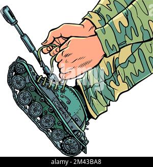 Ein uniformierte Soldat zieht Panzer anstelle von Stiefeln an. Konzept Armee Krieg Mobilisierung Stock Vektor