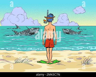 Ein Tourist an der Küste. Mechanische gefährliche Haie schwimmen im Ozean Stock Vektor