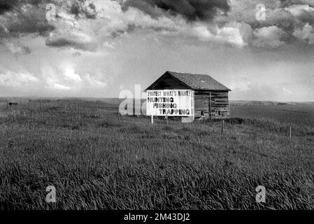 Landschaft mit stürmischem Wetter und einem Kornspeicher mit einem politischen Schild, das für Jägerrechte eintritt und besagt: „Protect What's Right, Hunting, Fishing, Tra Stockfoto