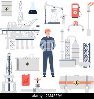 Öltechniker, Pipelines und Geräte für die Öl- und Gasindustrie. Inspektion und Arbeiter der Raffinerieindustrie. Benzinfabrik und Bau neuer Vektor Stock Vektor