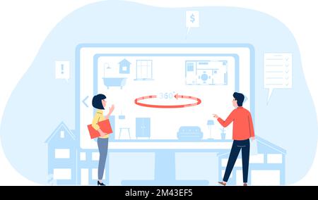 Ein Paar wählt eine Wohnung oder ein neues Zuhause. Online-Immobilien und Flachvideo-Bewertung auf dem Computerbildschirm. Hypothekenvektorkonzept für junge Familien Stock Vektor