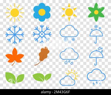 Saisonsymbole. Sommer, Winter, Herbst, Frühling. Vektordarstellung auf transparentem Hintergrund isoliert Stock Vektor