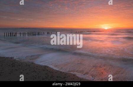Sonnenaufgang über der Nordsee auf East Mersea Island in Essex. Wellenbrecher im Langzeit-Meer. Warmer, roter, orangefarbener und gelber Morgenhimmel. Lebendige Farben Stockfoto