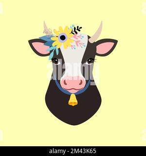 Porträt einer Kuh mit Blumenkranz und Glocke. Isolierter Tierkopf eines schwarz-weißen Kalbes. Figur, Emblem, Vektordarstellung für dein Design eines Kuhporträts Stock Vektor