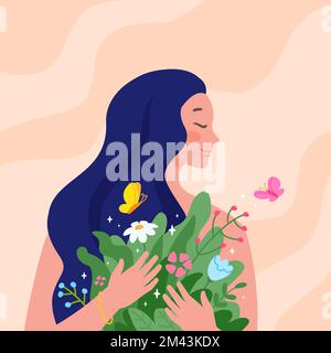 Die innere Welt der Pflege. Psychologische Heilung in sich selbst, Selbsthilfe und psychische Genesung Konzept, weibliche Ruhe Wohlbefinden fürsorgliche Liebe Vektor der psychischen inneren Psychologie Stock Vektor