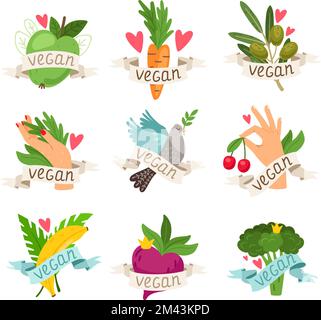 Vegane Vektoren isolierten Ikonen mit Gemüse, Obst, Beeren und Händen. Set aus farbenfrohen Etiketten für das Verpackungsdesign vegetarischer Lebensmittel. Sammlung von Symbolen für vegane Lebensstildarstellungen Stock Vektor
