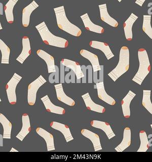 Warme Stricksocken mit skandinavischem Ornament. Helles, nahtloses Vektormuster. Schlichter, flacher Cartoon-Stil. Gemütliche Herbst- oder Winterkulisse für Textilien, Stockfoto