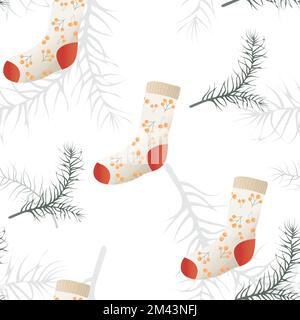 Warme Stricksocken mit skandinavischem Ornament. Helles, nahtloses Vektormuster. Schlichter, flacher Cartoon-Stil. Gemütliche Herbst- oder Winterkulisse für Textilien, Stockfoto