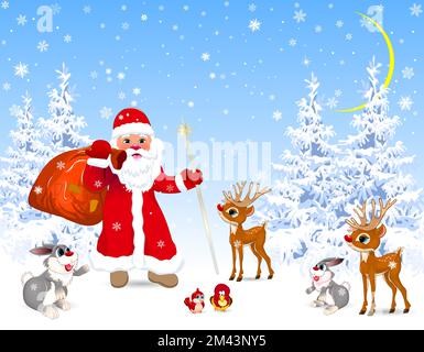 Der Weihnachtsmann hält eine Tasche mit Geschenken vor dem Hintergrund eines verschneiten Winterwaldes. In der Nähe von Hirschen, Hasen und Vögeln. Weihnachtsabend. Winterlandschaft, Wald, s Stock Vektor