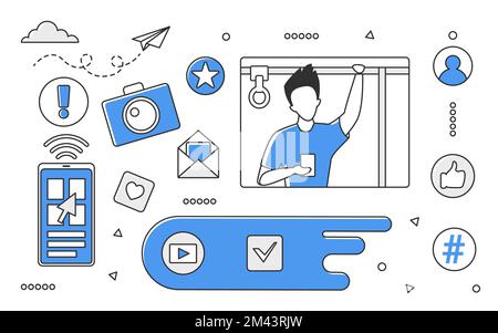 Scrollen in sozialen Netzwerken. Internet-Nutzer, Online-Inhalte posten, smm-Influencer-Vektor-Monokolor-Illustration Stock Vektor