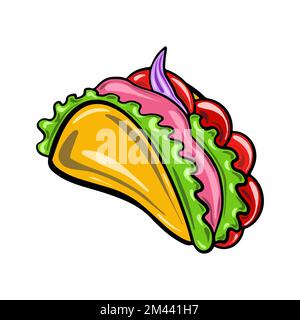Vector Tacos mit Schinken und Tomaten. Mexikanisches Fast Food. Essensillustration im flachen Cartoon-Stil. Stock Vektor