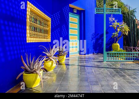 Herrliche hellblaue Wand und Topfpflanzen leuchtend gelbe Töpfe im Majorelle Garten im berühmten Marrakesch. Einer der Besitzer in der Vergangenheit war es Stockfoto