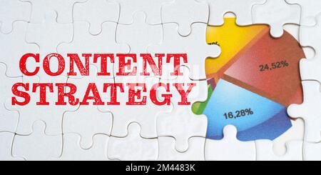 Wirtschaft und Geschäftskonzept. Auf weißen Rätseln gibt es eine Inschrift - INHALTSSTRATEGIE. Finanzdiagramm im Fenster zwischen den Rätseln Stockfoto