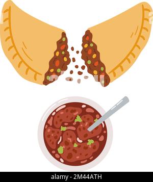 Empanadas im flachen Cartoon-Stil. Handgezeichnete Vektordarstellung der traditionellen lateinamerikanischen Küche und der Volksküche Stock Vektor