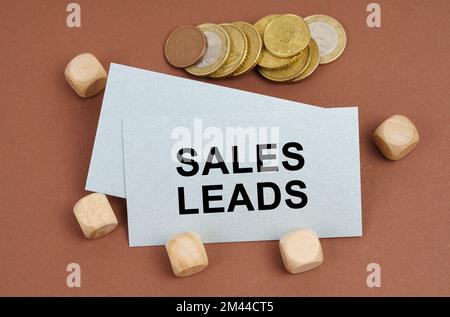 Geschäfts- und Finanzkonzept. Auf einer braunen Oberfläche befinden sich Münzen, Würfel und eine Visitenkarte mit der Aufschrift „Sales Leads“ Stockfoto