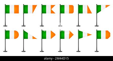 Realistische irische Tischfahnen auf einer schwarzen Stahlstange. Ein Souvenir aus Irland. Schreibtischfahne aus Papier oder Stoff, glänzender Metallständer. Modell für Stock Vektor