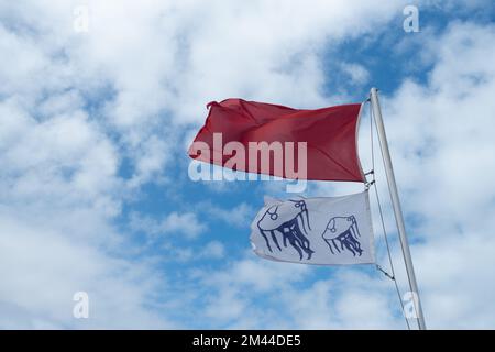 Rote Flagge und Quallen-Warnflagge am Strand. Stockfoto