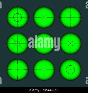 Verschiedene Waffen Nachtsicht, Scharfschützengewehr optische Scopes. Jagdgewehr-Sucher mit Fadenkreuz. Ziel, schießen Marke Symbol. Militärisches Zielschild Stock Vektor