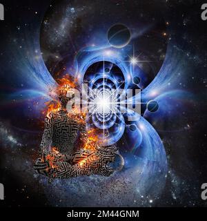 Kraft der Meditation. Mann in Lotushaltung. 3D-Rendering Stockfoto