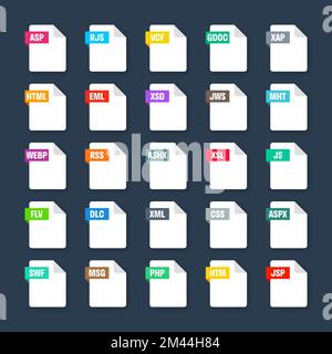 Gängige Systemdateiformate. Dokumenttypen und Erweiterungen. Flache Ikonen-Kollektion. Dokument-Piktogramm, Web-Design-UI-Element, Vorlage. Computer Stock Vektor
