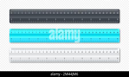 Realistische verschiedene Plastiklineale mit Messskala und -Teilung, Messmarken. Schule Lineal, Zentimeter-und Zoll-Skala für die Längenmessung Stock Vektor