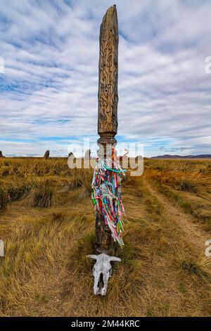 Buddhistisches Totem, Salbyksky Mound, Tal der Könige, Republik Chakassien, Russland Stockfoto
