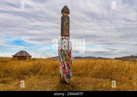 Buddhistisches Totem, Salbyksky Mound, Tal der Könige, Republik Chakassien, Russland Stockfoto