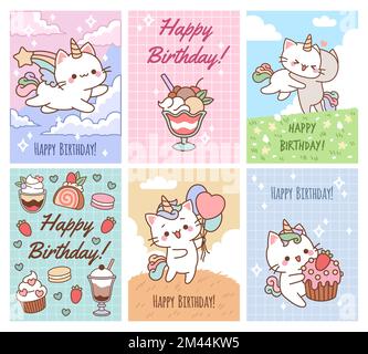 Geburtstagskarten. Einladungen zu Kinderpartys, Grußbanner, kleine Einhörner Kätzchen mit süßen Desserts und Geschenken, Kawaii-Haustierdesign, ordentlich Stock Vektor