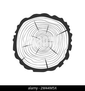 Baumringe im Kritzelstil. Handgezeichnete Struktur des Rumpfquerschnitts. Eine dendrochronologische Methode zur Bestimmung des Alters des Baumes. Holzstempel isoliert auf weißem Hintergrund. Grafische Vektordarstellung Stock Vektor