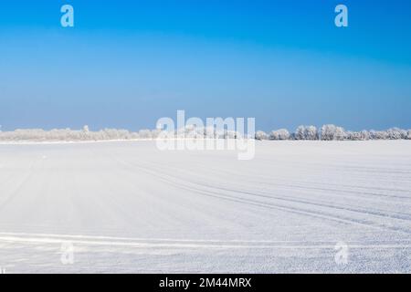 Ein weißes, schneebedecktes Stück Ackerland im Winter an einem sonnigen Tag Stockfoto