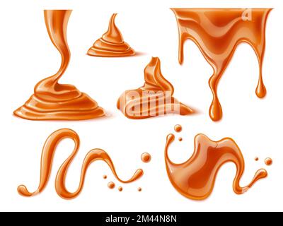 Realistisches Karamell geschmolzen. Tropfen von Flüssigkeiten, Tropfen und Pfützen, Zuckersirup-Flecken und -Abstriche, Süßigkeiten, Dessertgarn, köstliche Süßwaren Stock Vektor
