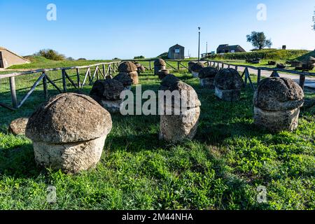 Kleine Hügel in der Nekropole von Tarchuna, UNESCO-Weltkulturerbe Tarquinia, Italien Stockfoto