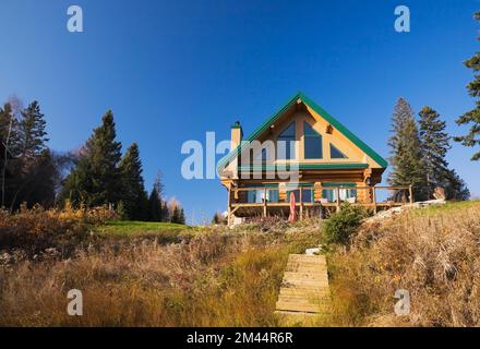 Rückansicht eines zweistöckigen Blockhauses im A-Rahmen-Stil mit grüner Verkleidung im Herbst. Stockfoto