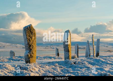 Ring aus Brodgar-Stein im Winter, Orkney Isles Stockfoto