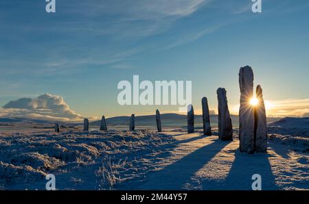 Ring aus Brodgar-Stein, Wintersonnenaufgang, Orkney-Inseln Stockfoto