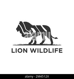 Lion Wildlife Tier Logo-Vektor, Symbol mit verkrümmtem Text in die Form eines Löwen Tieres Illustration Stock Vektor