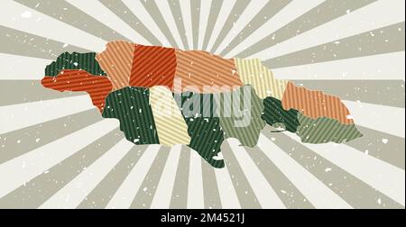 Jamaika Vintage Karte. Grunge-Poster mit Landkarte in Retro-Farbpalette. Form von Jamaika mit Sonnenstrahlen Hintergrund. Stock Vektor