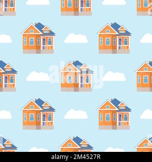 Blaues Muster von Häusern und Wolken im Cartoon-Stil für Druck und Dekoration. Vektordarstellung. Stock Vektor
