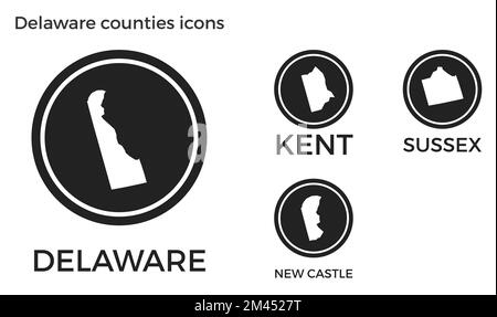 Symbole für Delaware Counties. Schwarze runde Logos mit Karten und Titeln der US-Bundesstaaten. Vektorabbildung. Stock Vektor