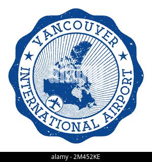 Vancouver International Airport Stempel. Flughafen von Vancouver rundes Logo mit Lage auf der Karte von Kanada gekennzeichnet durch Flugzeug. Vektordarstellung. Stock Vektor