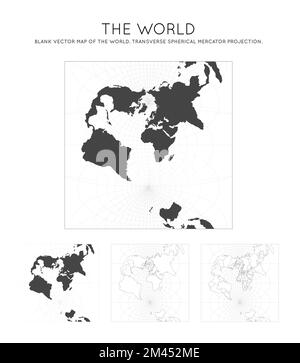 Weltkarte. Transversale sphärische Mercatorprojektion. Kugel mit Breiten- und Längengradlinien. Weltkarte über Meridiane und Parallelen im Hintergrund. Stock Vektor