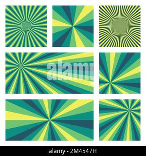 Fantastische Sonnen-Hintergrundkollektion. Abstrakte Abdeckungen mit radialen Strahlen. Ansprechende Vektordarstellung. Stock Vektor
