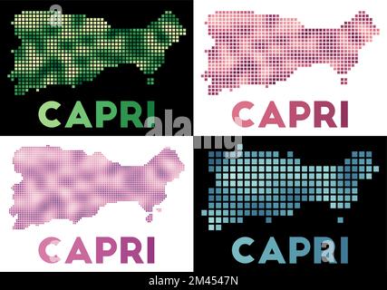 Capri-Karte. Kartensammlung von Capri im gepunkteten Stil. Die Inselgrenzen sind mit Rechtecken für Ihr Design gefüllt. Vektordarstellung. Stock Vektor