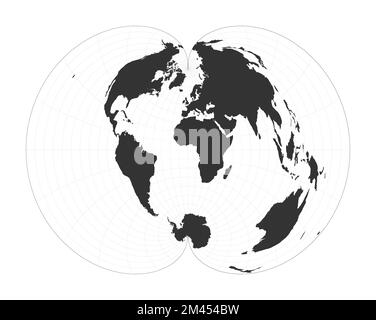 Karte der Welt. Amerikanische polykonische Projektion. Globus mit Breiten- und Längengrad-Netz. Weltkarte auf Meridianen und Parallelen Hintergrund. Stock Vektor