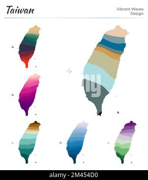 Satz von Vektorkarten von Taiwan. Lebendiges Wellendesign. Helle Landkarte im geometrischen, glatten Kurvenstil. Bunte Taiwan-Karte für Ihr Design. Stock Vektor