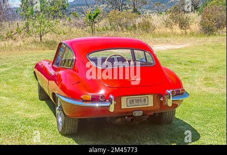 Rückansicht eines roten Jaguar E Type FHC Sportwagens. Stockfoto